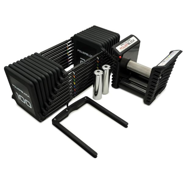 PowerBlock Pro 100 EXP adjustable dumbbells with expandable weight system for home gym workouts.