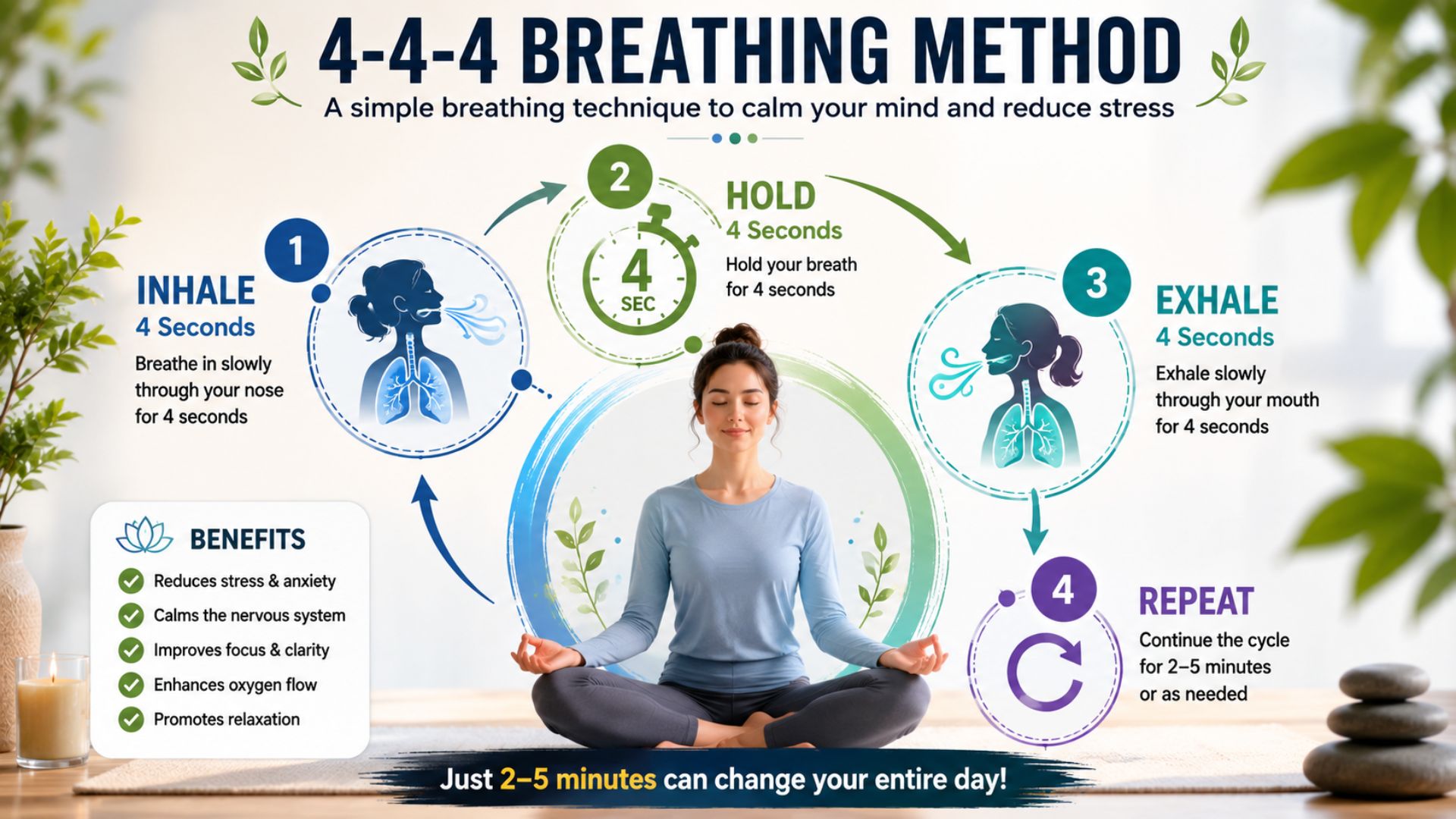 4-4-4 breathing technique infographic showing inhale for four seconds, hold for four seconds, and exhale for four seconds to reduce stress.
