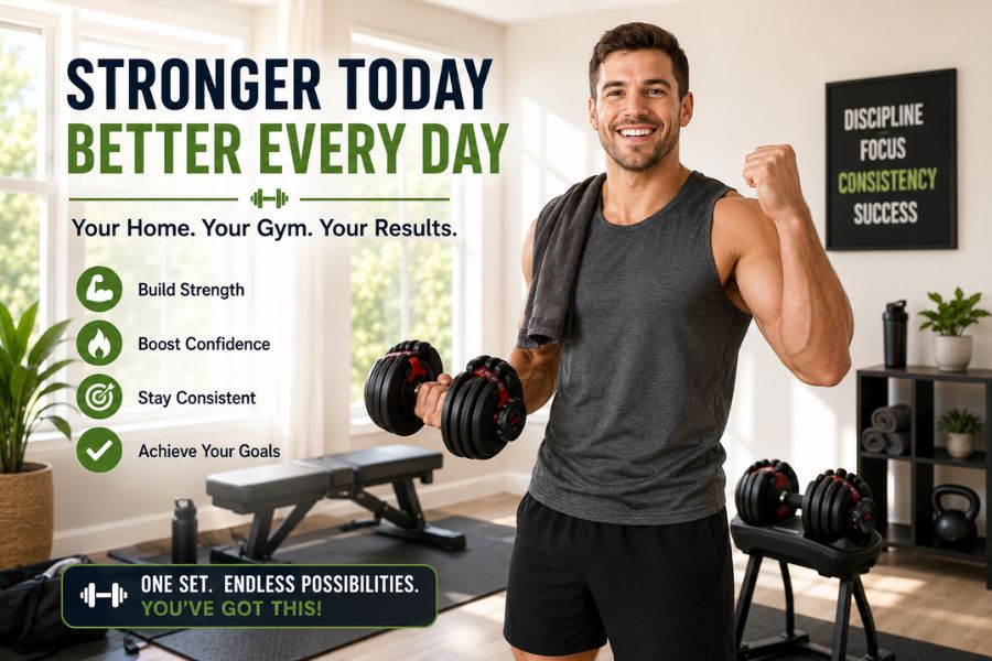 Happy fitness enthusiast holding adjustable dumbbells after a successful workout in a bright home gym.