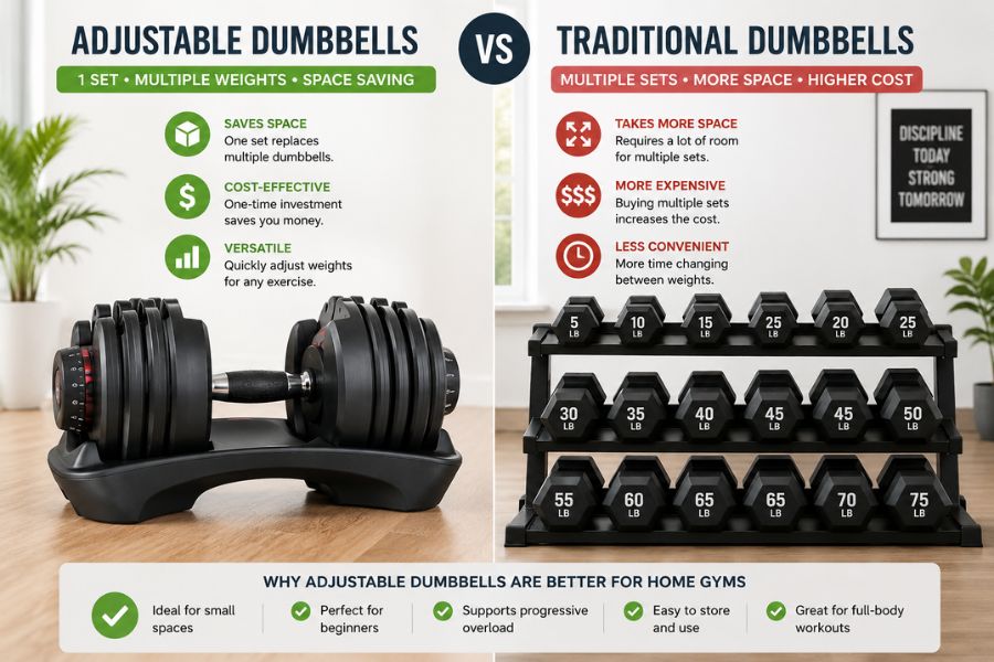 Side-by-side comparison of adjustable dumbbells and traditional dumbbell sets showing space-saving benefits.