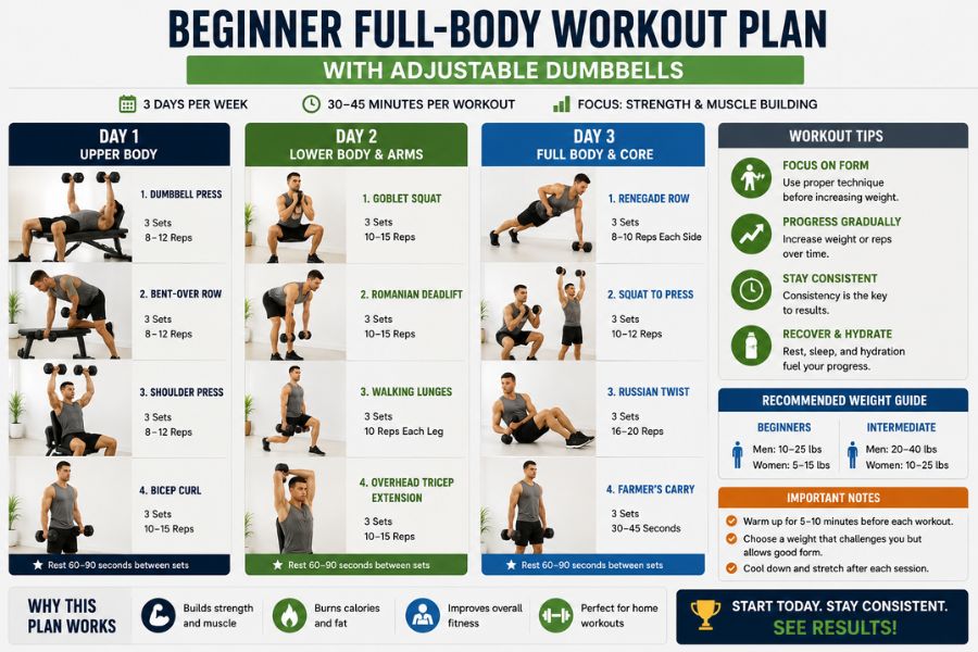 Beginner full-body workout plan infographic using adjustable dumbbells for strength training.