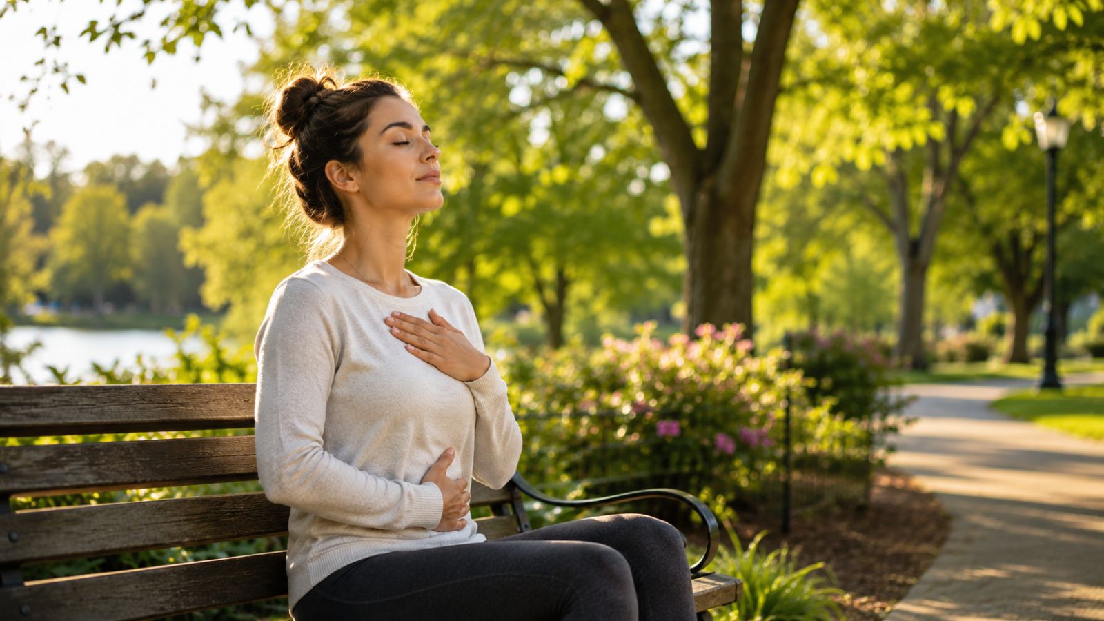 Person practicing mindful breathing outdoors to reduce anxiety and improve emotional wellness through mindfulness.
