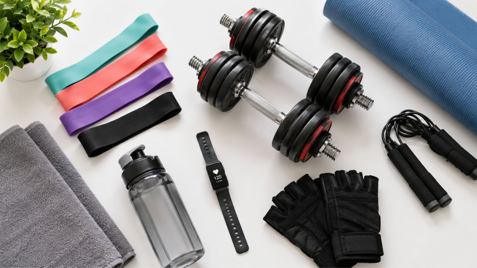 Resistance bands, adjustable dumbbells, yoga mat, fitness tracker, and water bottle arranged for beginner home workouts.
