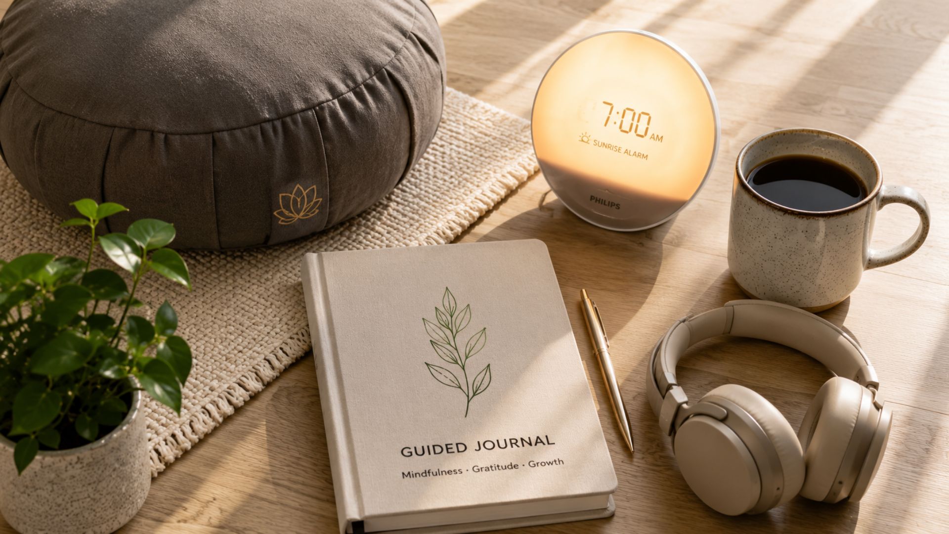 Meditation cushion, mindfulness journal, sunrise alarm clock, headphones, coffee cup, and plant arranged in a wellness-focused flat lay.