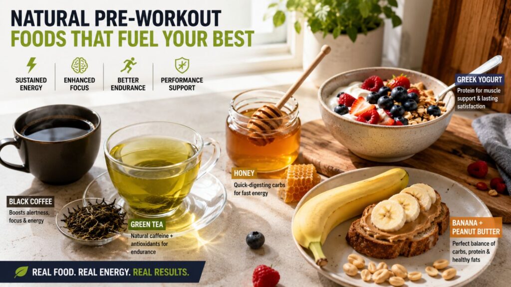 Healthy natural pre-workout foods including black coffee, green tea, honey, banana with peanut butter, and Greek yogurt arranged on a bright kitchen countertop.
