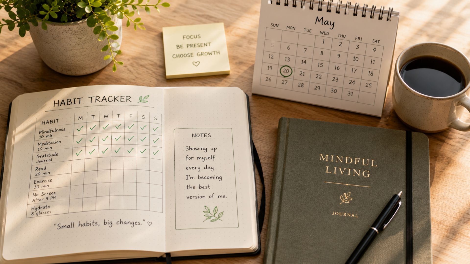 Mindfulness habit tracker with daily checkmarks, journal, calendar, and coffee supporting long-term personal growth and productivity.