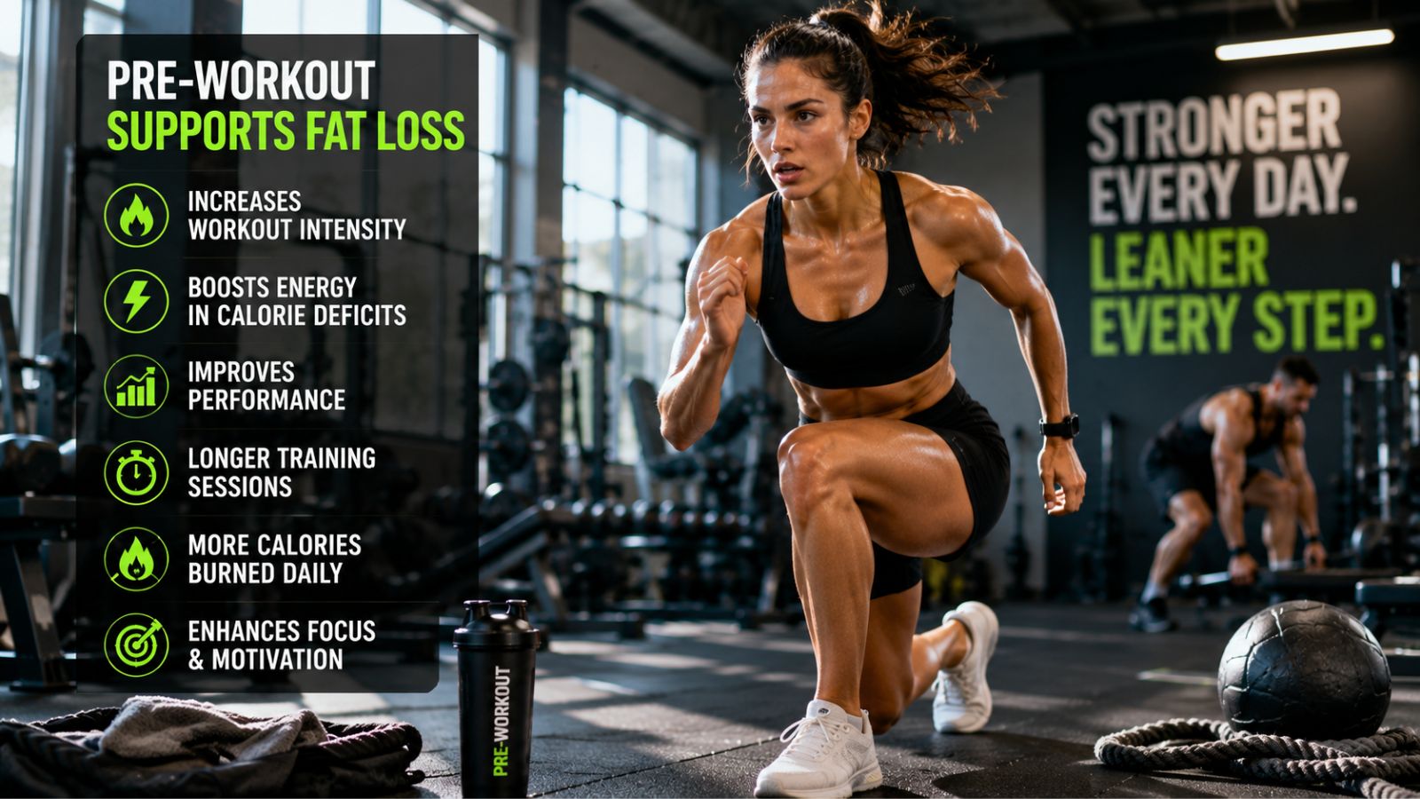 Athletic woman performing a high-intensity workout demonstrating how pre-workout supplements support energy, endurance, and fat-loss goals.