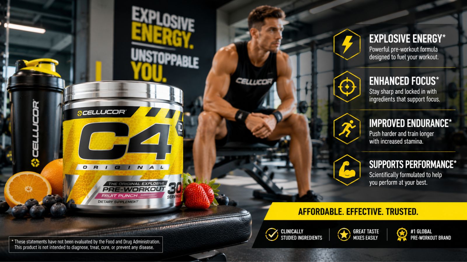 Cellucor C4 Original pre-workout supplement displayed with gym equipment and athlete in the background promoting workout energy and endurance.