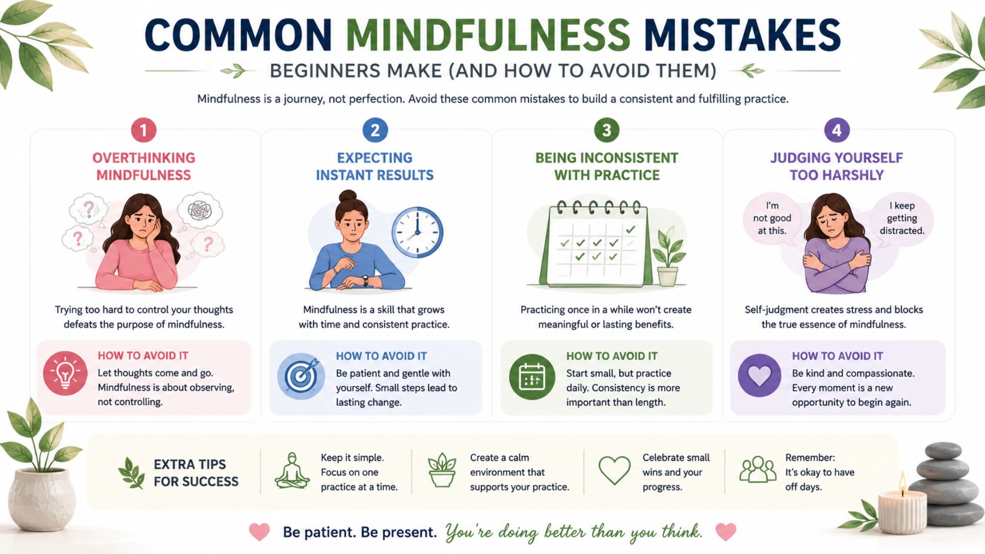 Infographic explaining common mindfulness mistakes and how beginners can avoid them.
