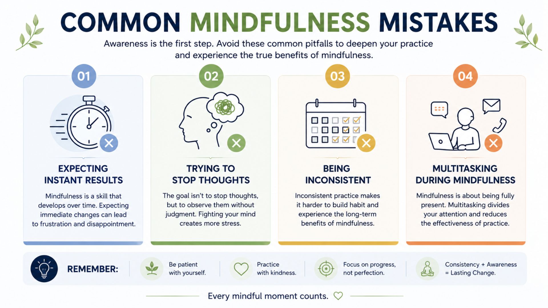 Mindfulness mistakes infographic showing expecting instant results, trying to stop thoughts, being inconsistent, and multitasking during meditation.
