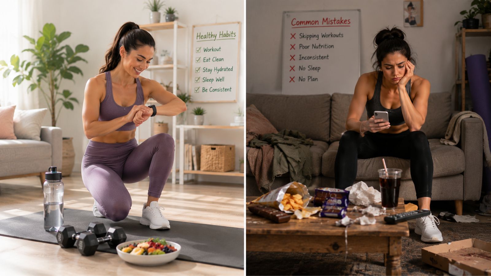 Comparison of healthy fitness habits versus common weight loss mistakes including junk food, inactivity, and lack of workout consistency.