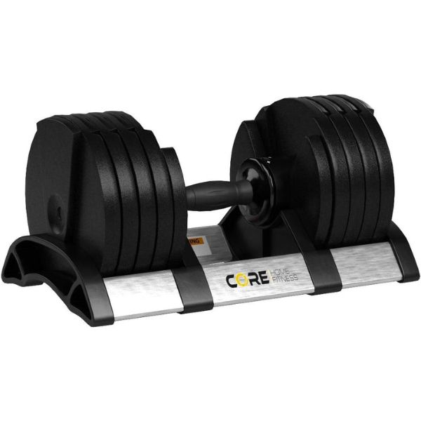 Core Home Fitness adjustable dumbbells featuring quick twist handle weight adjustment.