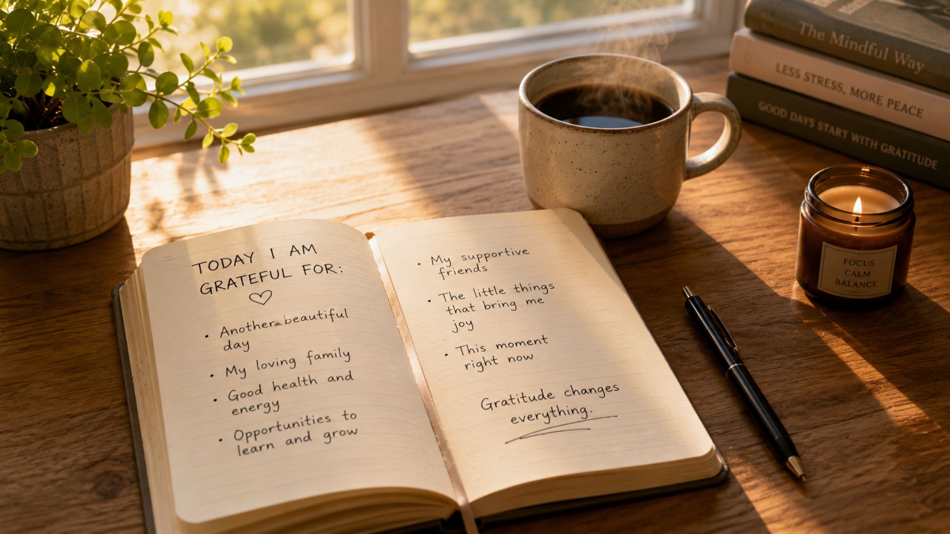 Open gratitude journal with handwritten entries, coffee, and morning sunlight supporting a daily mindfulness and gratitude practice.