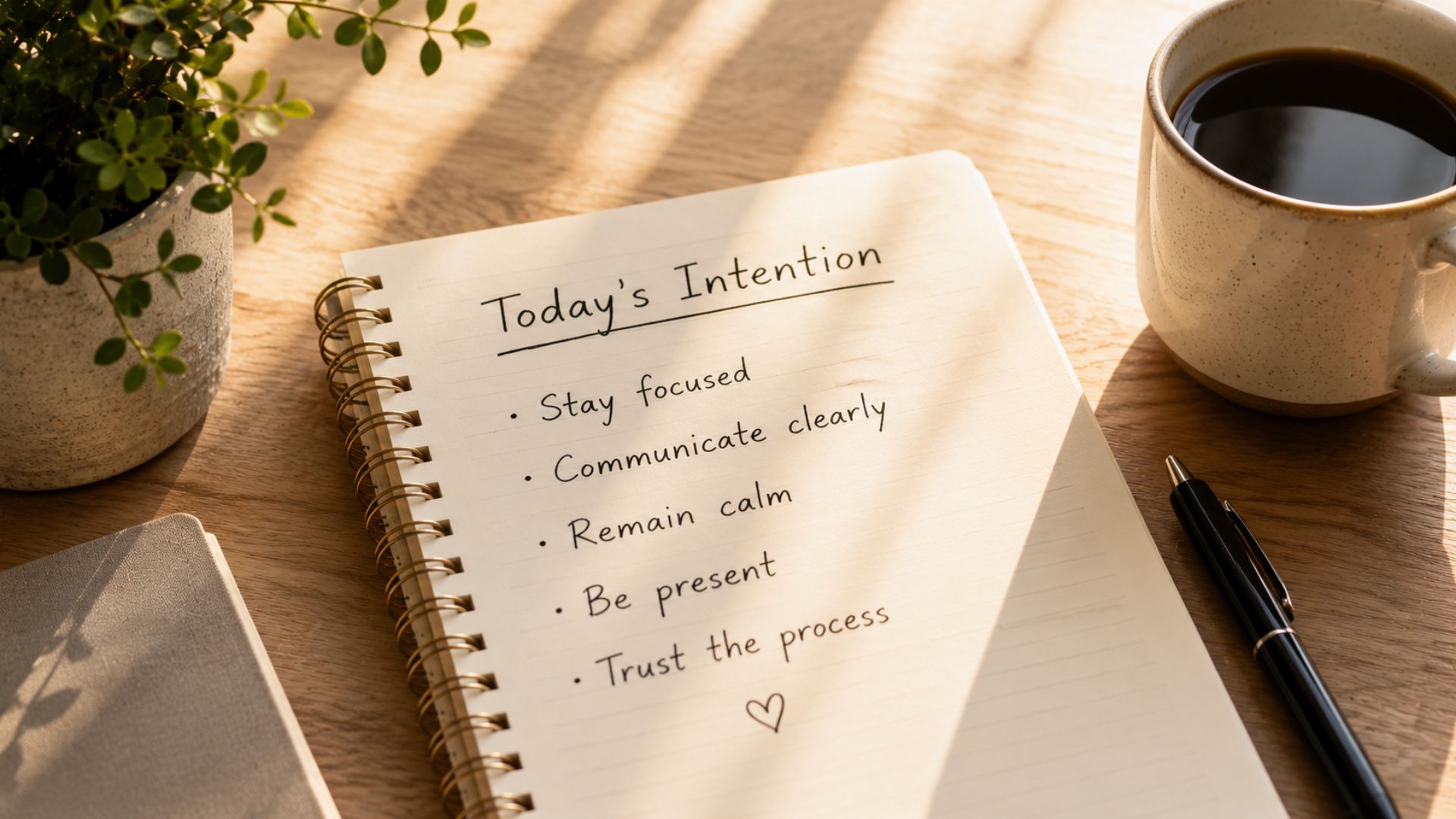 Notebook showing daily intentions including stay focused, communicate clearly, and remain calm as part of a mindfulness routine.