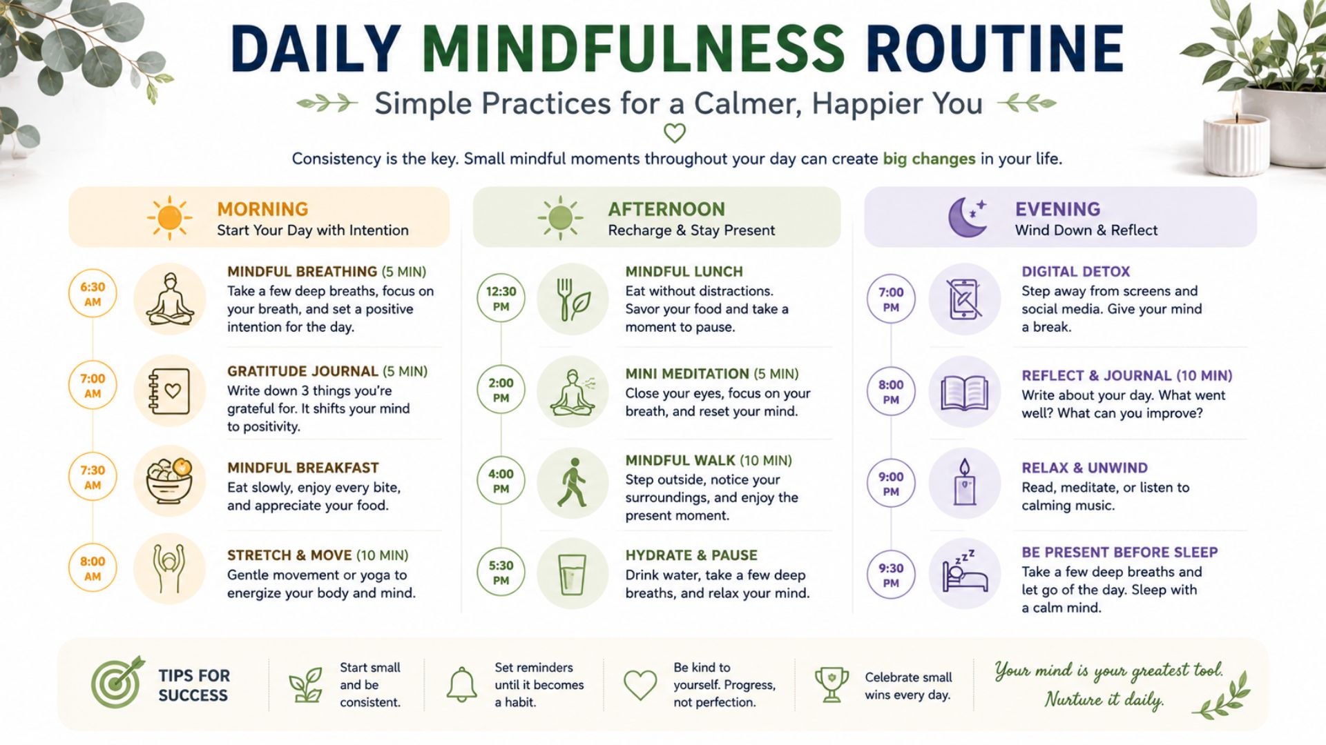 Infographic showing a simple morning, afternoon, and evening mindfulness routine.
