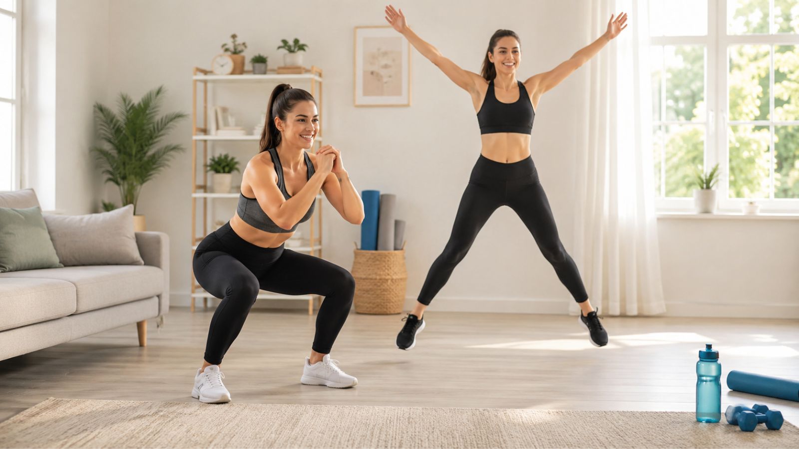 Beginner woman performing bodyweight squats and jumping jacks during a full-body fat burning home workout for belly fat loss.