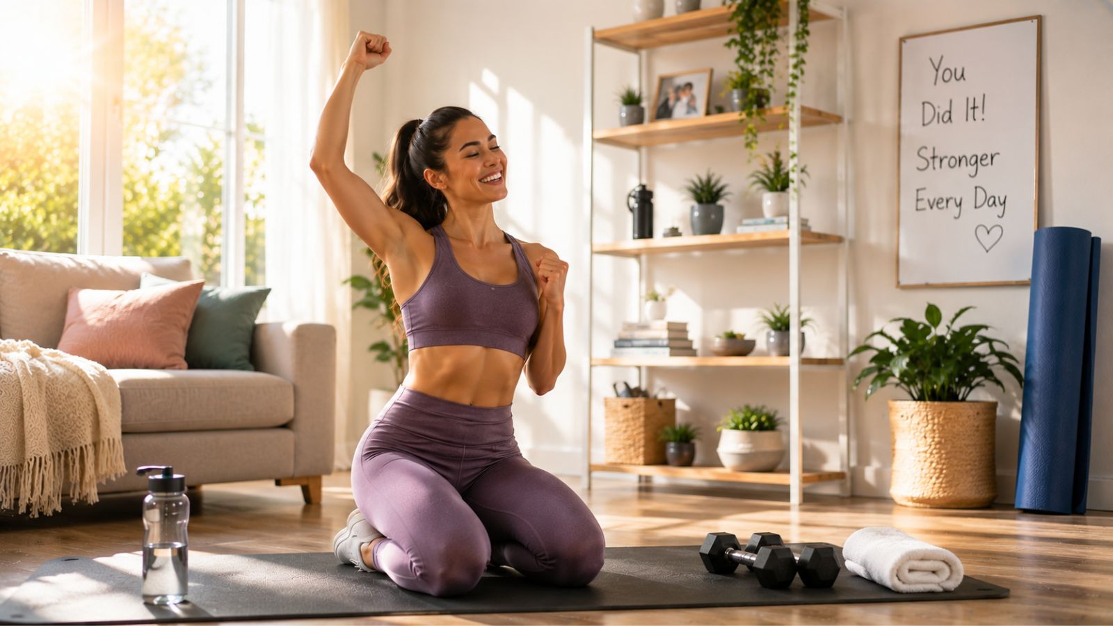 Happy beginner celebrating fitness progress after completing home workouts and following a belly fat loss plan.