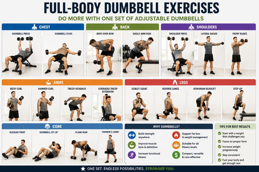 Full-body workout infographic showing adjustable dumbbell exercises for all major muscle groups.