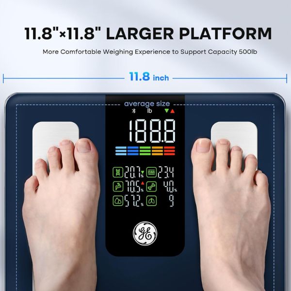 GE Smart Scale showing body weight, BMI, and body fat percentage connected to a health tracking app.
