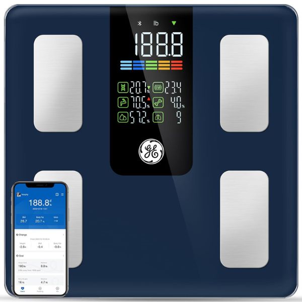 GE Smart Scale showing body weight, BMI, and body fat percentage connected to a health tracking app.