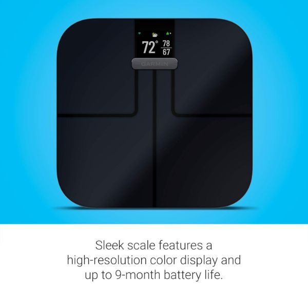 Garmin Index S2 smart scale displaying body weight and body fat analysis connected to Garmin Connect.
