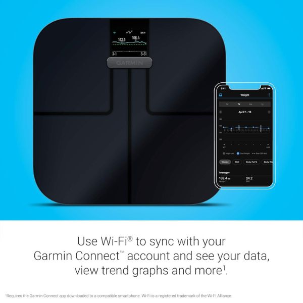 Garmin Index S2 smart scale displaying body weight and body fat analysis connected to Garmin Connect.
