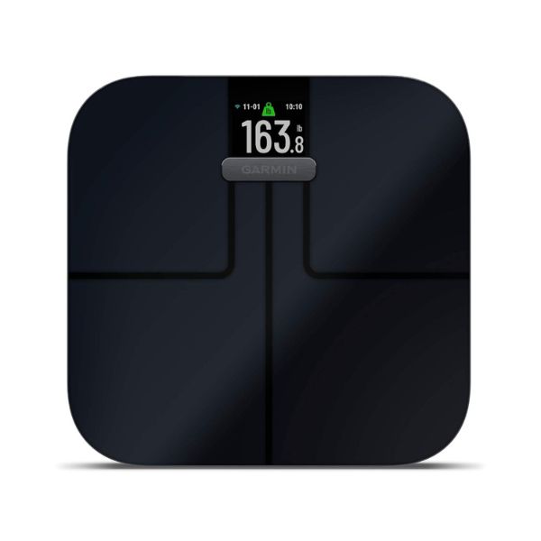 Garmin Index S2 smart scale displaying body weight and body fat analysis connected to Garmin Connect.