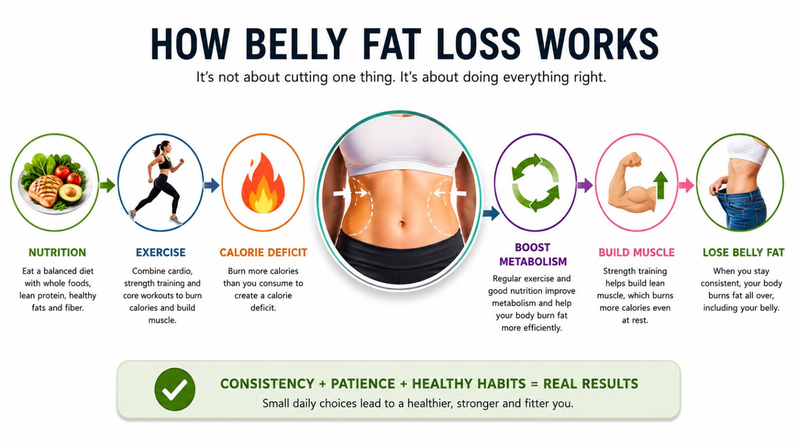 Infographic showing calorie deficit, healthy nutrition, exercise, metabolism, and belly fat loss process for beginner weight loss journey.