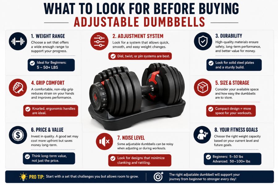Adjustable dumbbell buying guide infographic showing key features and purchasing factors.