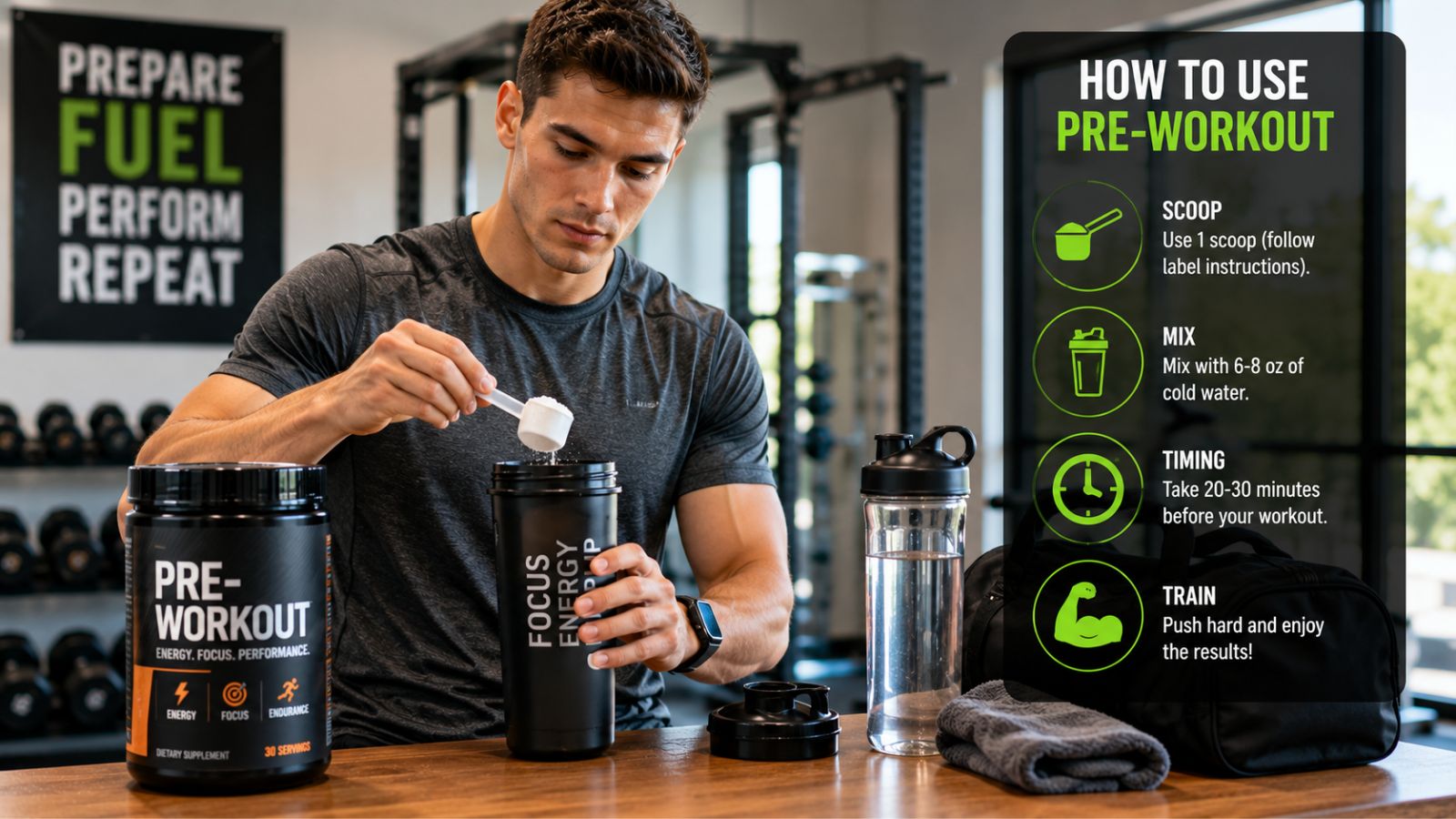 Fitness enthusiast preparing a pre-workout drink before exercise with shaker bottle, supplement powder, and workout gear.