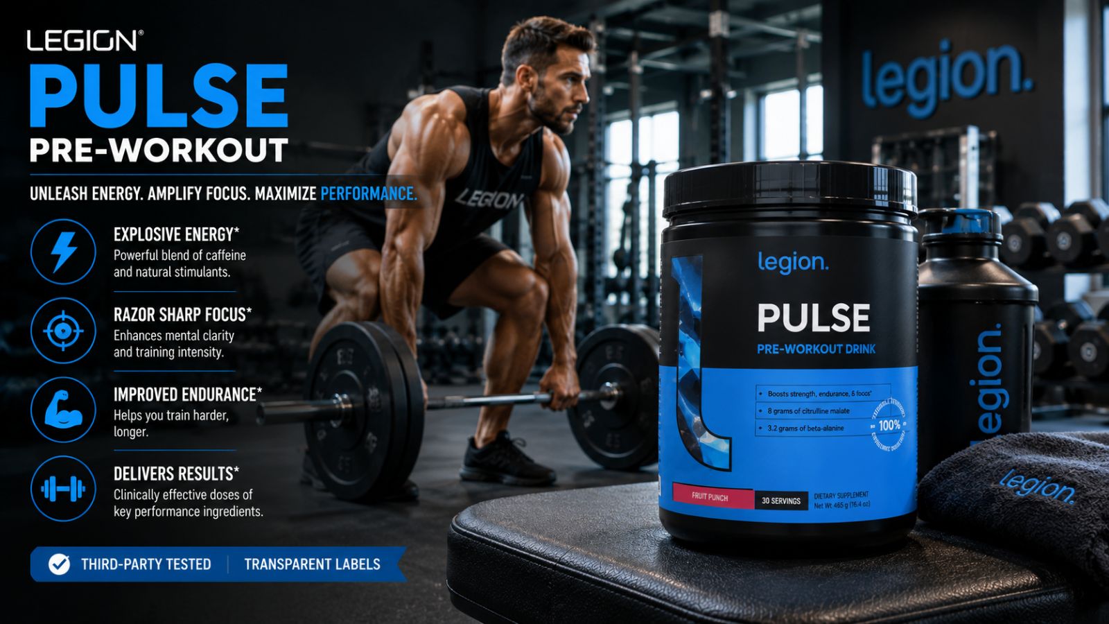Legion Pulse pre-workout supplement showcased in a premium gym environment with athlete performing strength training and preparing for an intense workout.