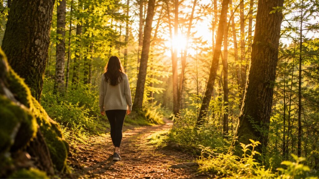 Person walking mindfully through a peaceful forest trail demonstrating mindfulness, personal growth, inner peace, and emotional well-being.