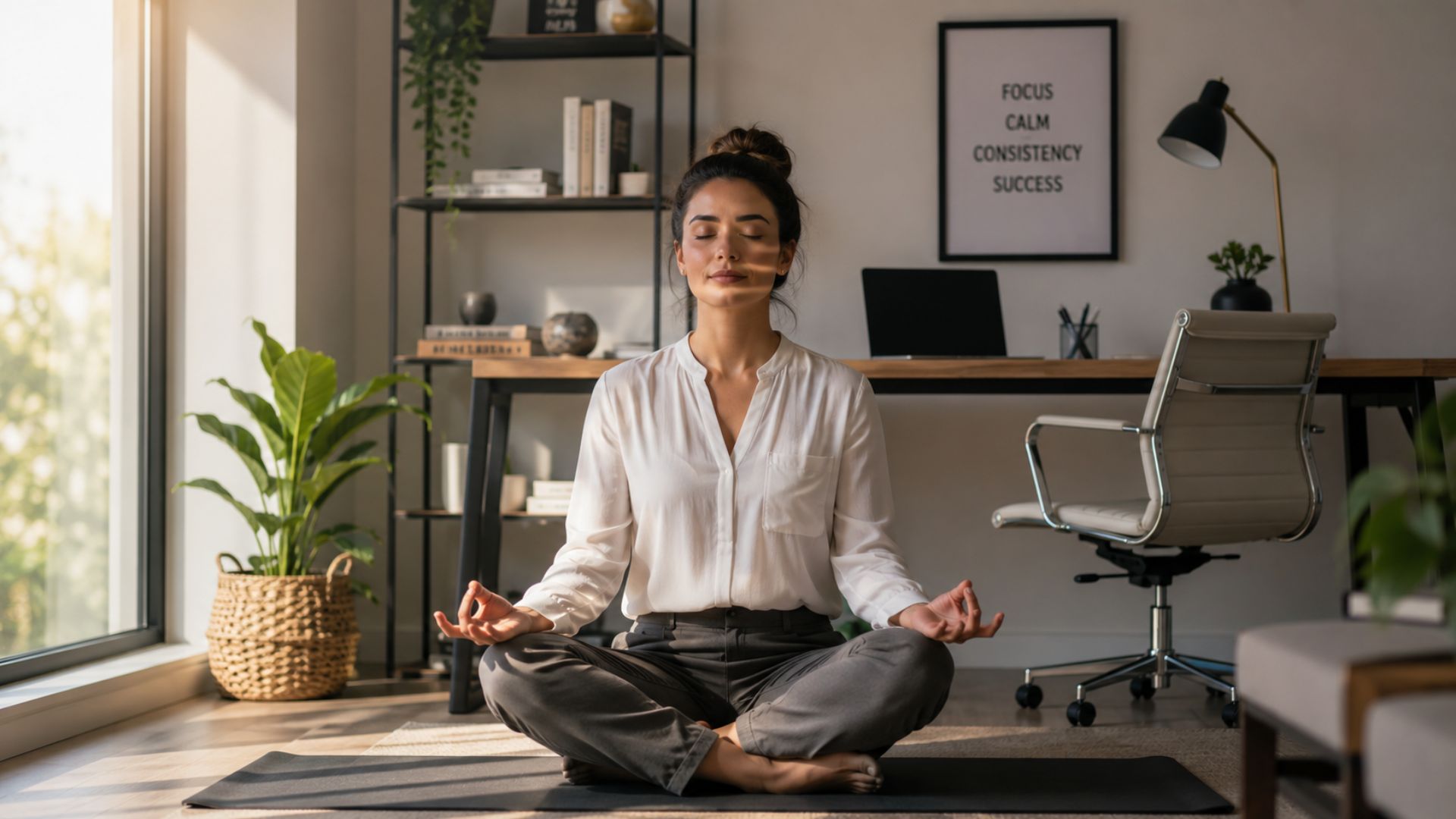 Professional meditating in a home office while practicing mindfulness to improve focus, reduce stress, and increase productivity.