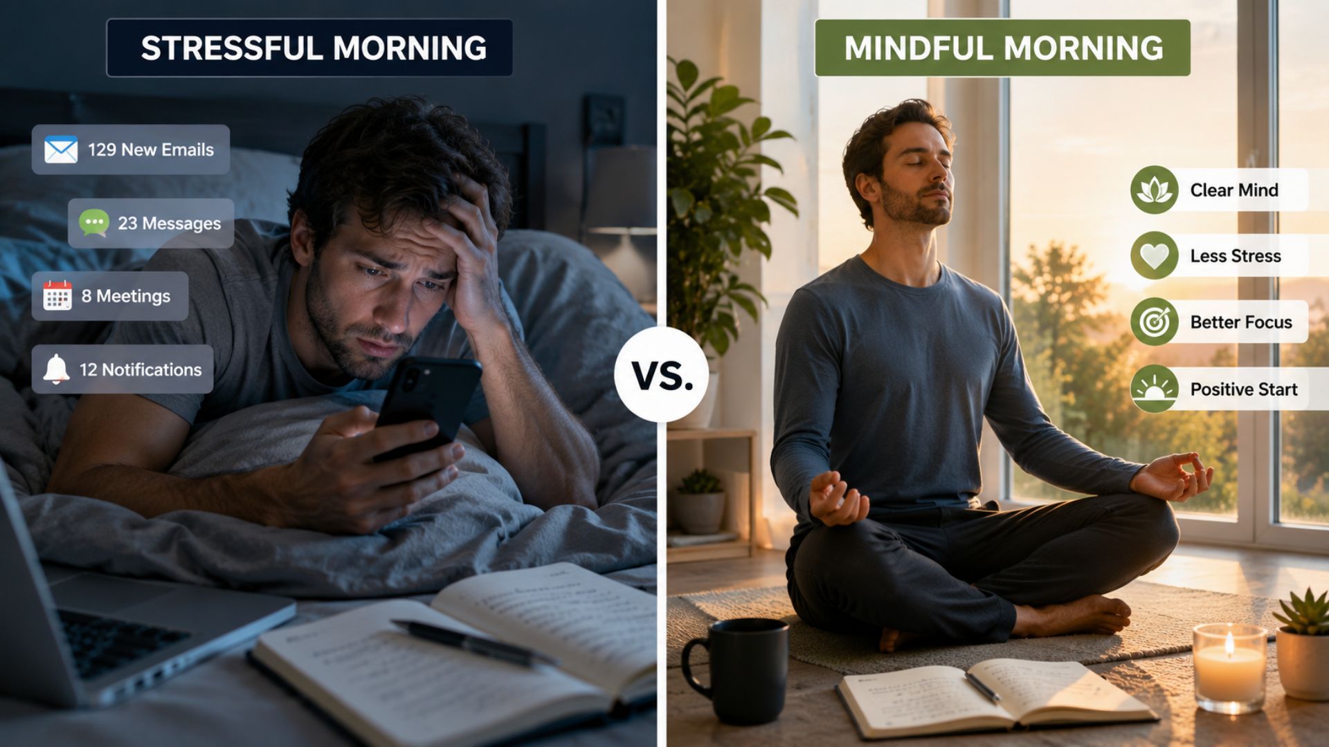 Split-screen comparison of a stressed professional checking emails in bed versus a calm professional practicing mindfulness during a morning routine.