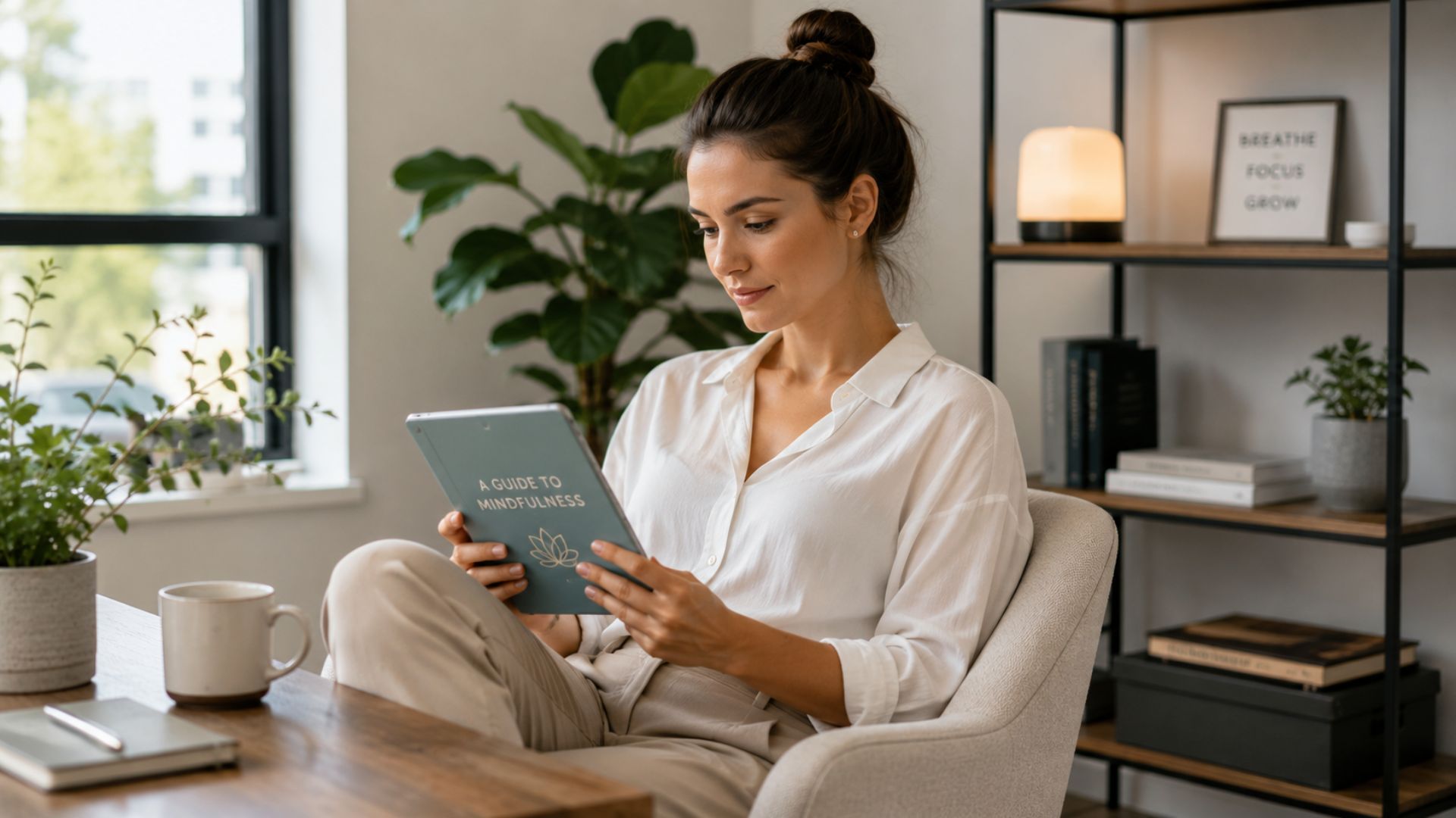 Professional reading a mindfulness guide on a tablet in a bright workspace while learning mindfulness and productivity techniques.