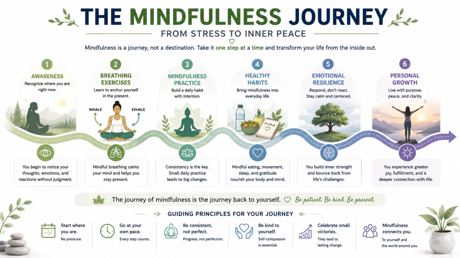 Infographic illustrating the mindfulness journey from awareness to personal growth and inner peace.