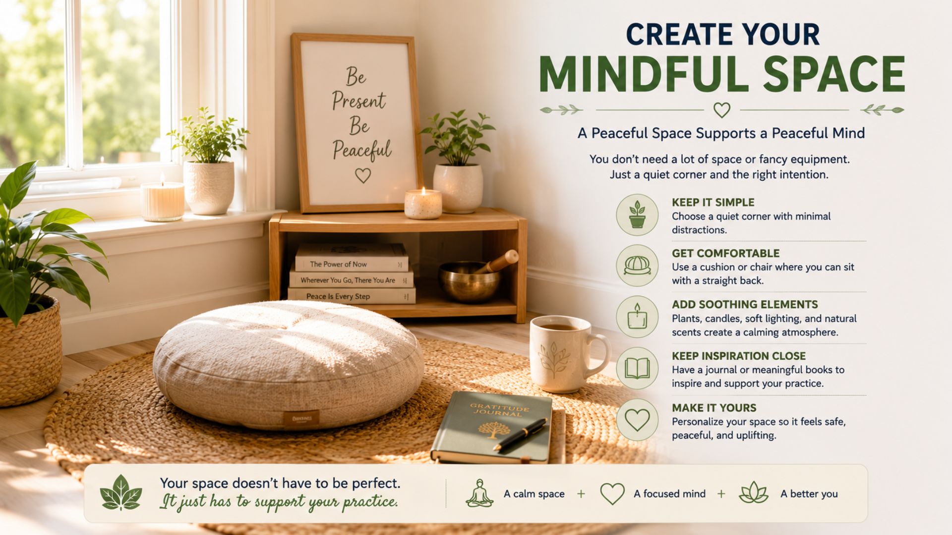 Bright and cozy meditation corner with a meditation cushion, journal, plants, and calming decor.