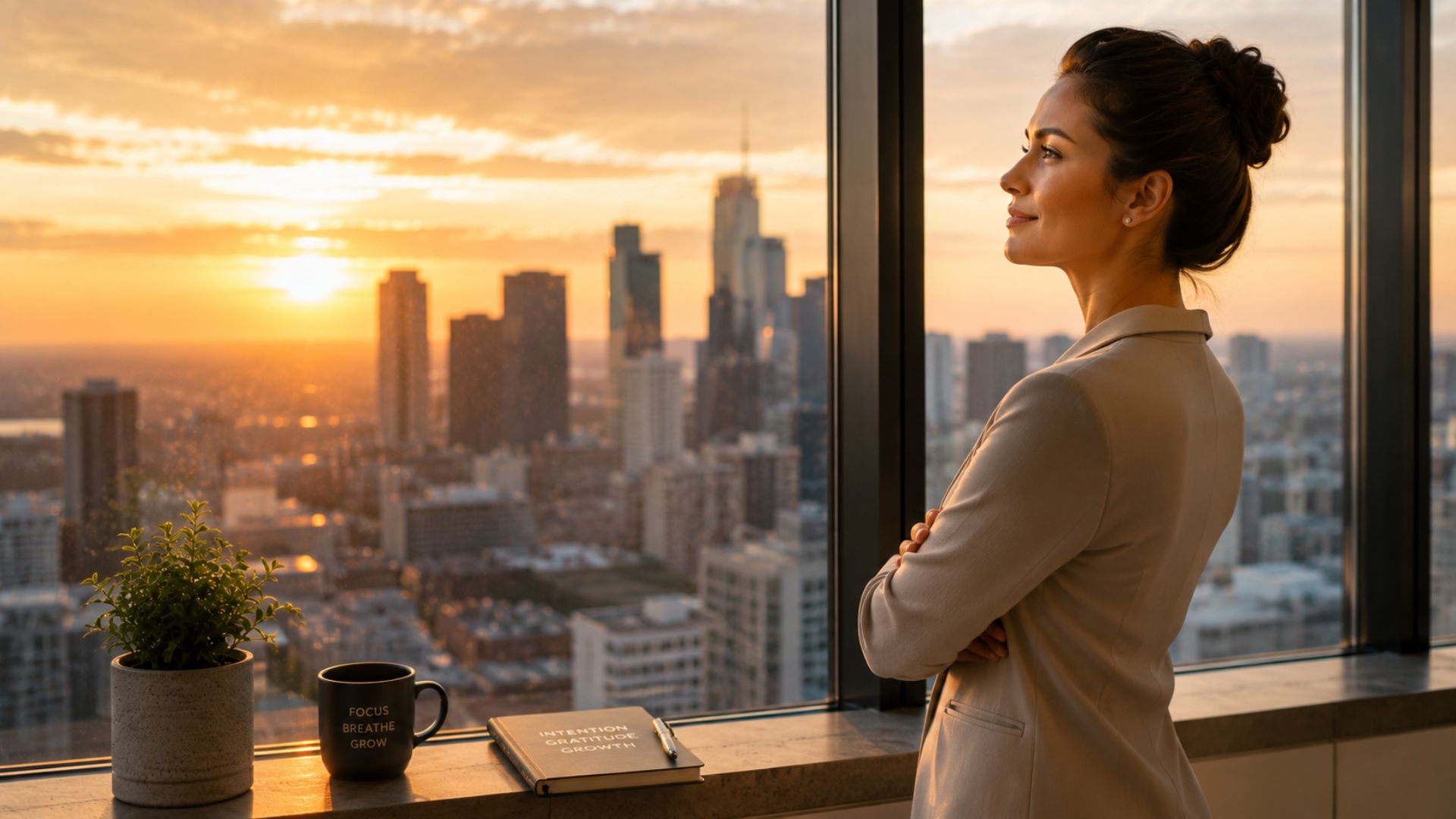 Confident professional standing by a large window at sunrise overlooking a city skyline after a mindful morning routine.