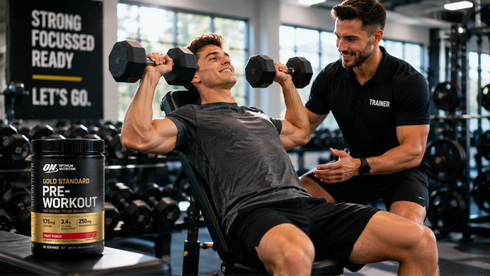 Beginner gym member lifting dumbbells with trainer support while using Optimum Nutrition Gold Standard Pre-Workout supplement.