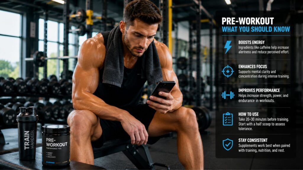 Athlete reviewing pre-workout supplement information on a smartphone while resting between workout sets in a modern gym.