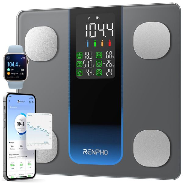RENPHO smart scale displaying body weight and body fat percentage with smartphone app integration.