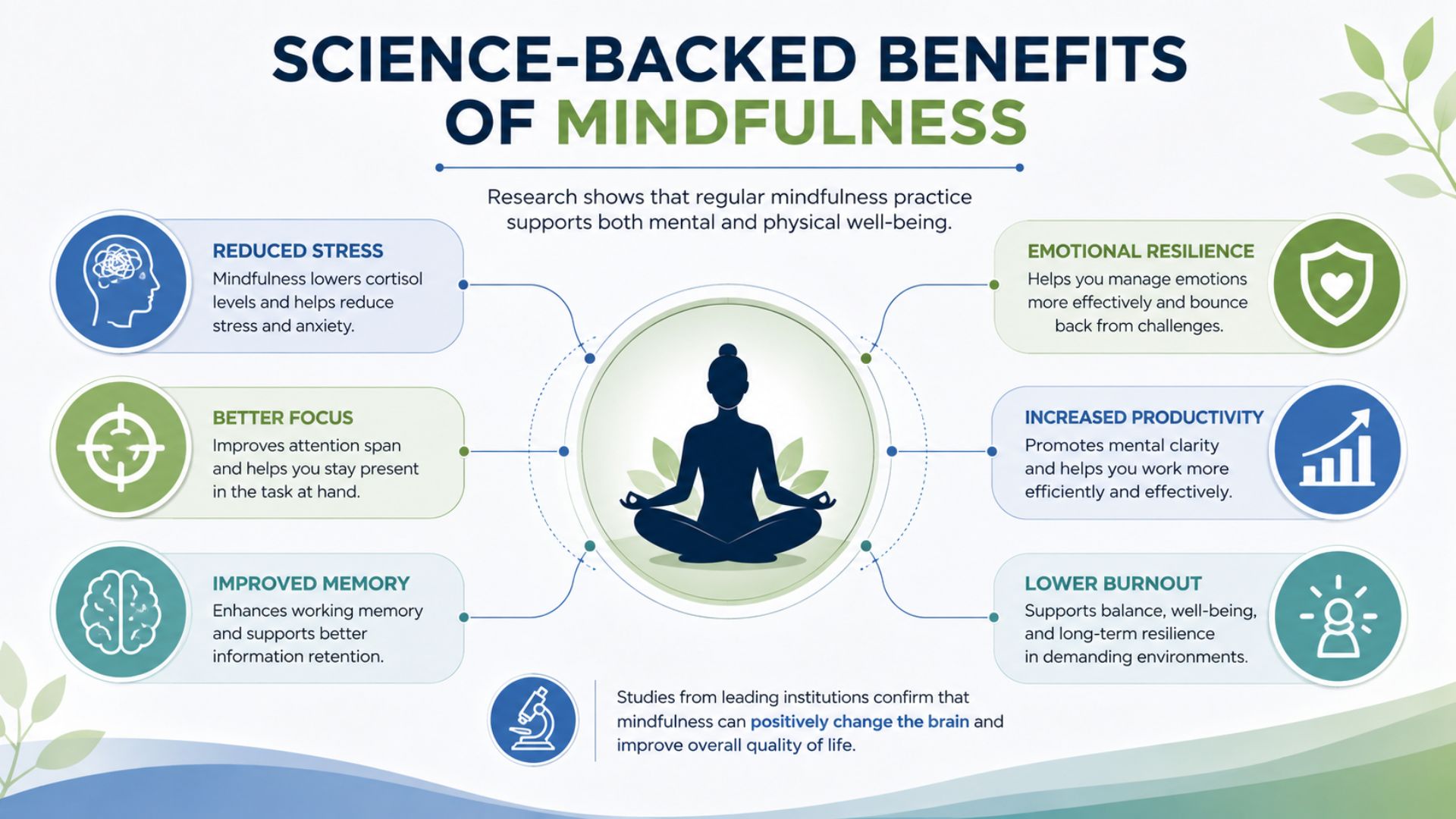 Mindfulness benefits infographic showing stress reduction, improved focus, enhanced memory, emotional resilience, increased productivity, and reduced burnout.