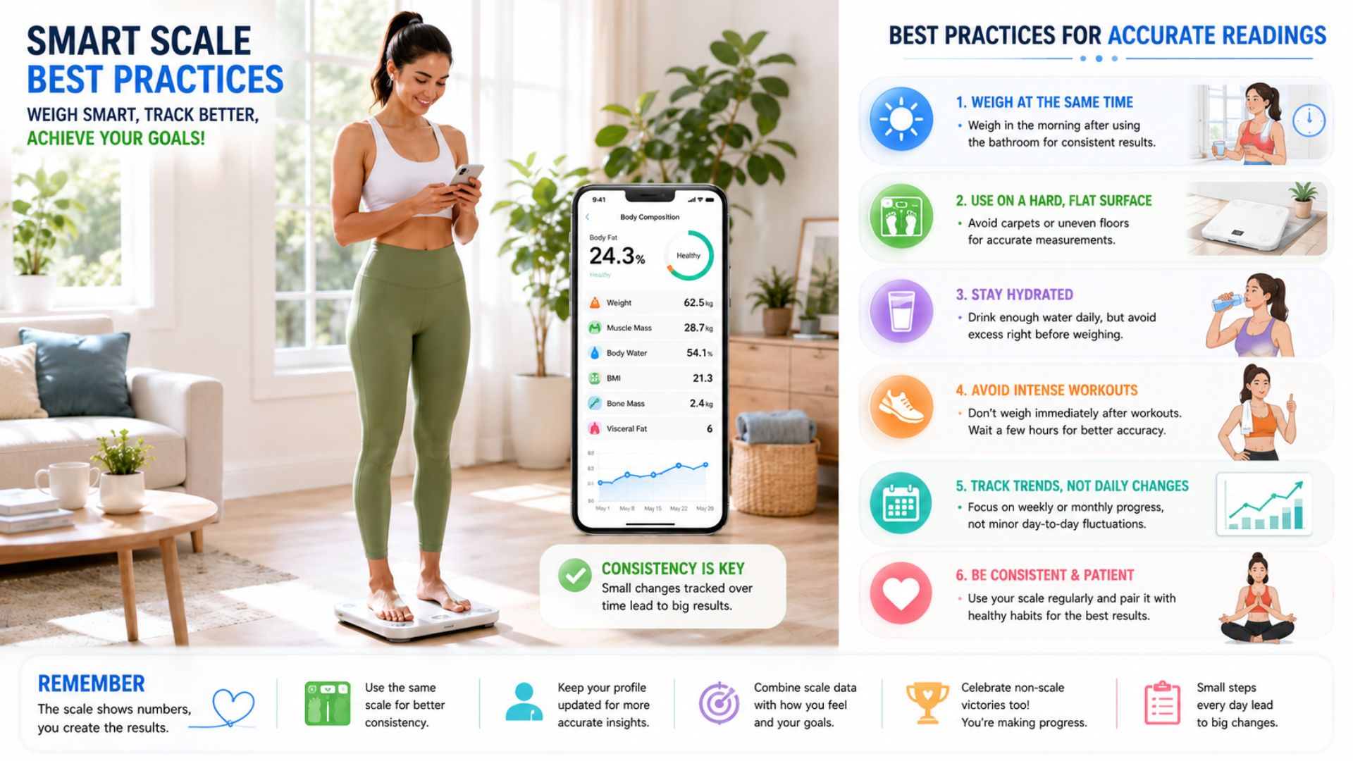 Person standing on a smart scale while checking body composition results on a smartphone with tips for accurate weight and body fat tracking.