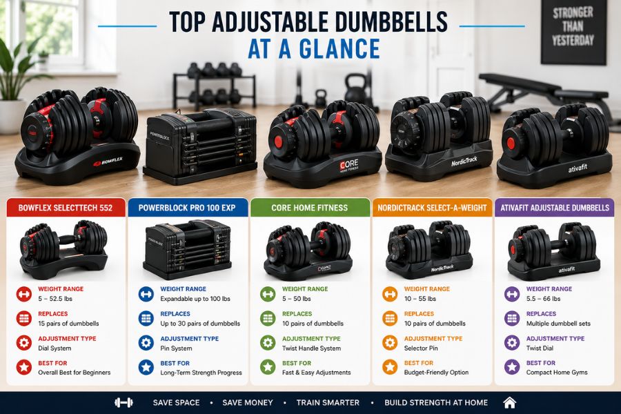 Top adjustable dumbbell brands displayed in a home gym comparison chart for beginners.