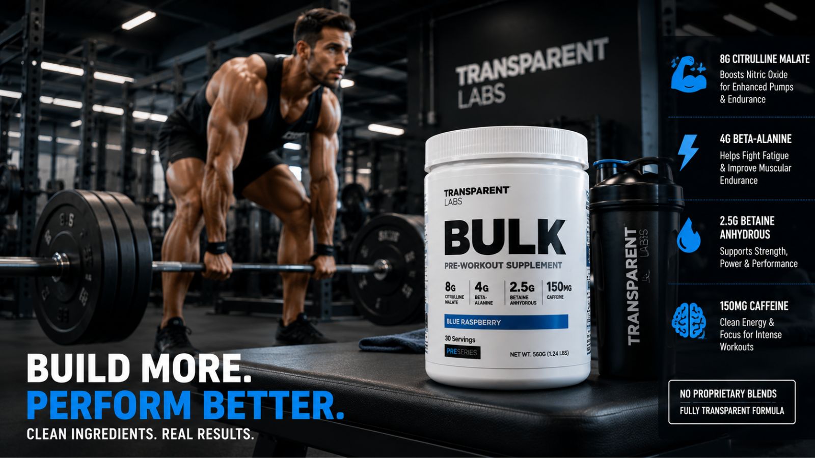 Transparent Labs BULK pre-workout supplement displayed in a premium strength training gym with athlete performing heavy deadlifts.