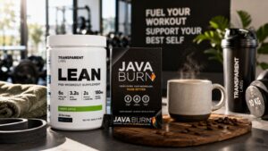 Transparent Labs LEAN pre-workout supplement and Java Burn coffee supplement displayed together with a cup of coffee, gym equipment, and fitness accessories in a modern wellness setting, representing a complete fat-loss and metabolism support stack.