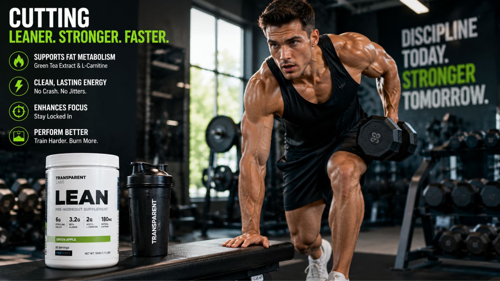 Lean athlete performing an intense workout while using Transparent Labs LEAN pre-workout supplement for fat loss and cutting.