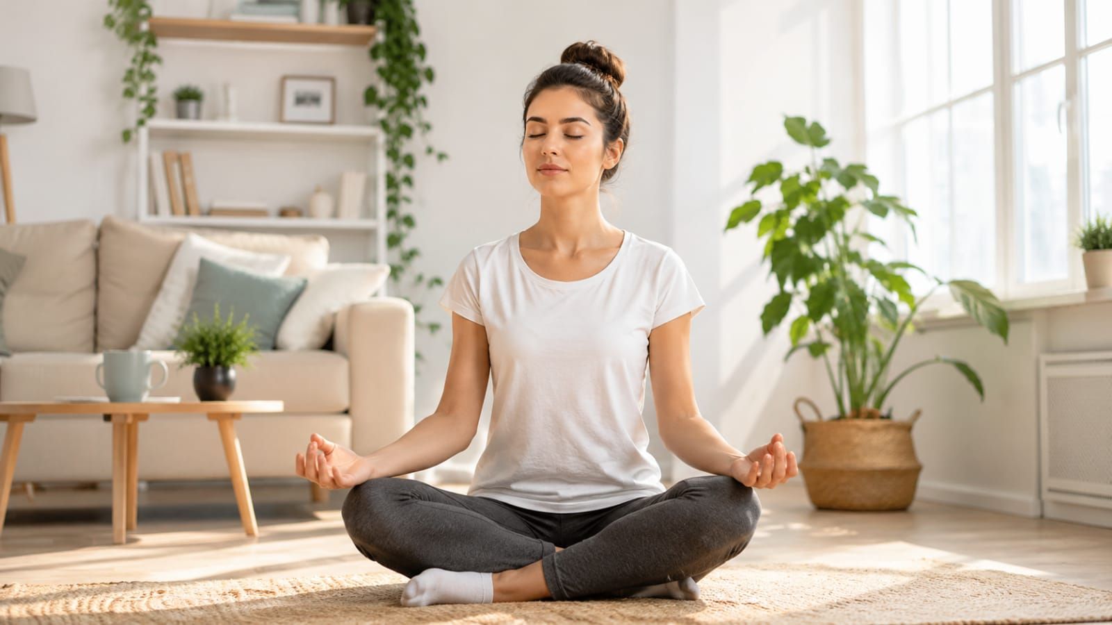 Beginner practicing daily mindfulness meditation at home to improve self-awareness, focus, and mental wellness.