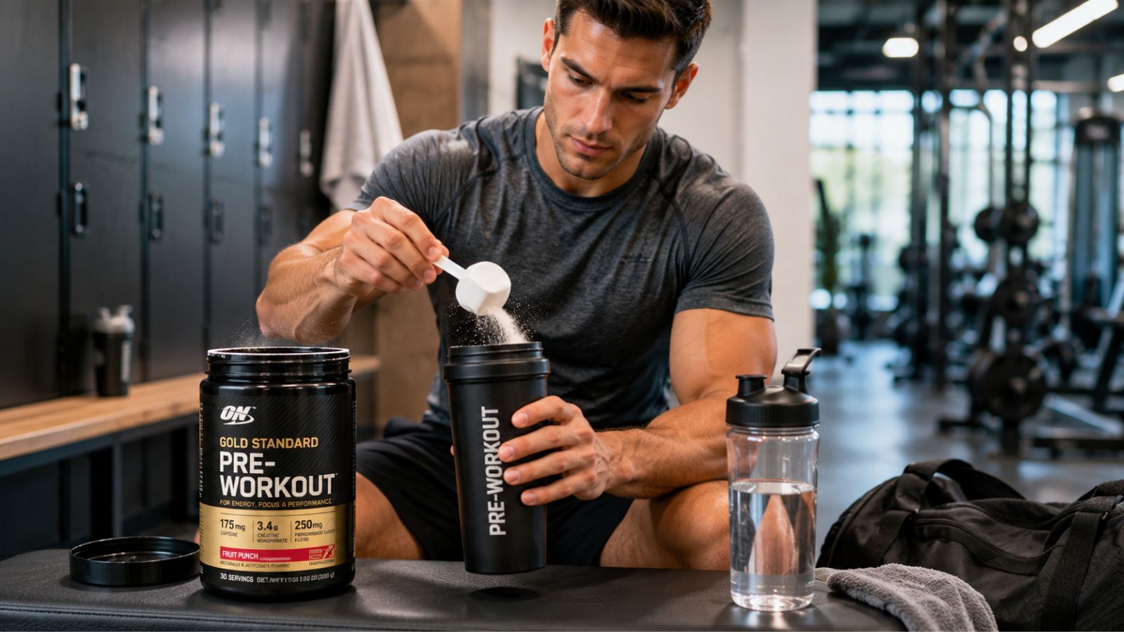 Fitness enthusiast mixing a pre-workout supplement in a shaker bottle before training in a modern gym environment.