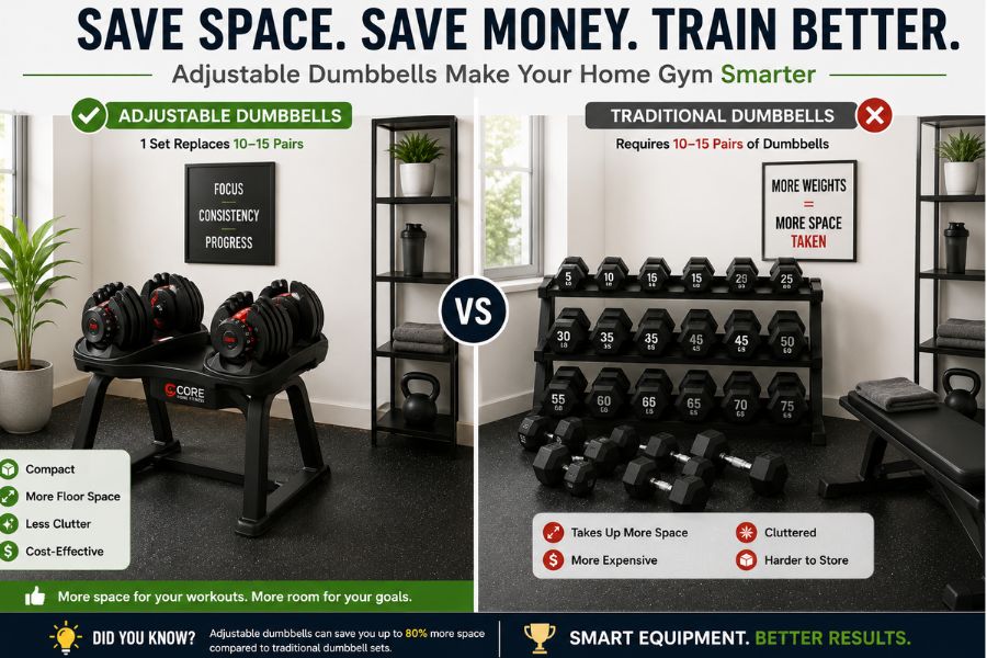 Compact home gym setup featuring adjustable dumbbells compared to traditional dumbbell storage.